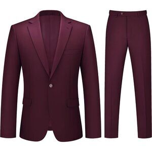 Men's Burgundy 2 Piece Suits Slim Fit One Button Business Wedding Party